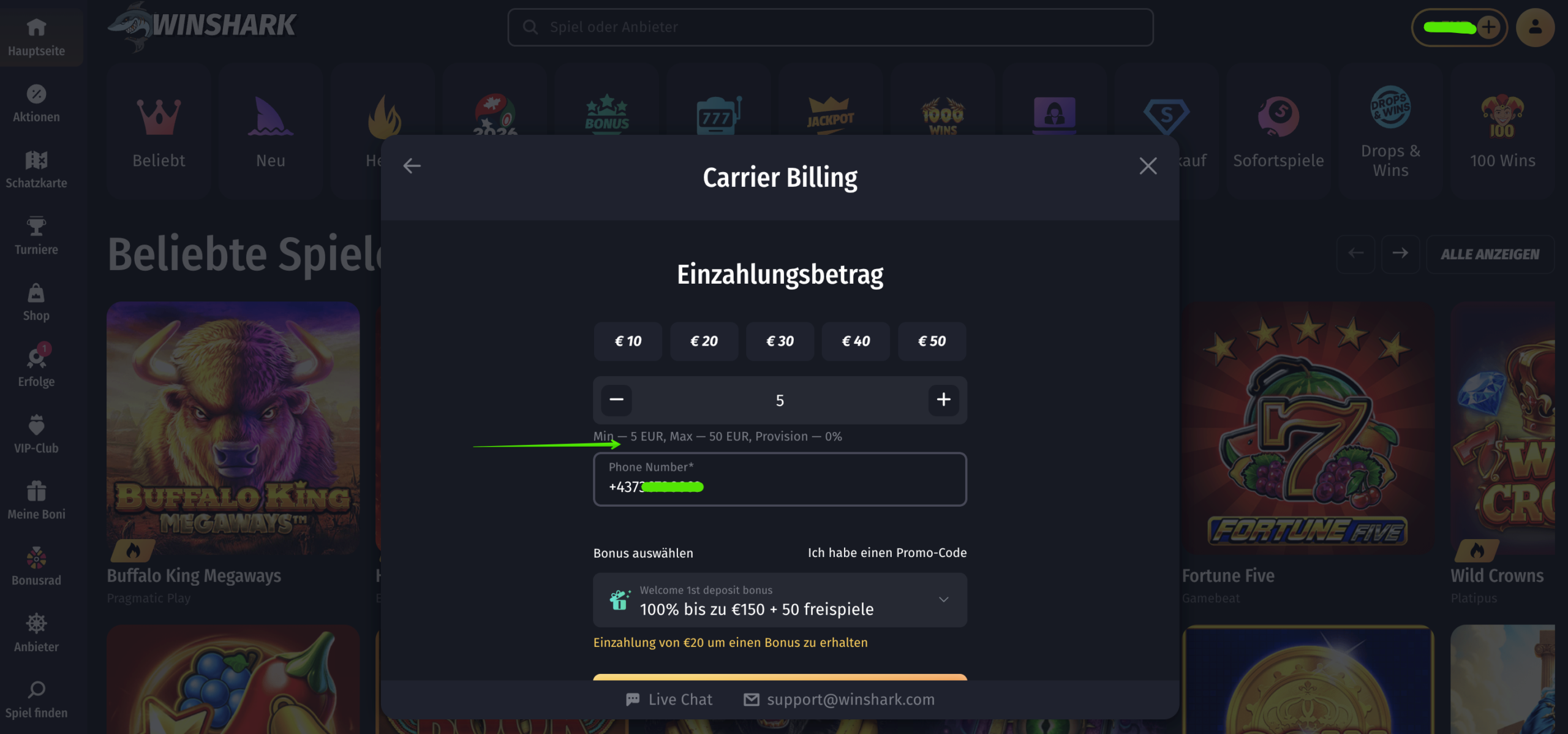 WinShark Casino Carrier Billing